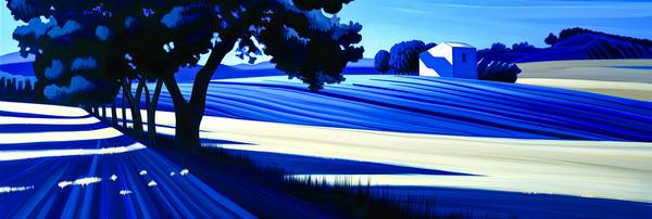 Eine abstrakte Darstellung in kühnen Blau- und Weißtönen. In dieser Landschaftskomposition verschmel de Miro May