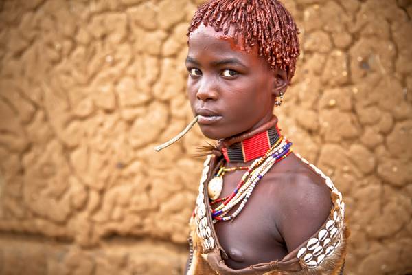 Portrait junge verheiratete Frau aus dem Hamer Stamm in Omo Valley, Äthiopien, Afrika de Miro May