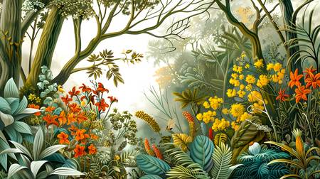 Bunte und exotische Blumen in einem tropischen Regenwald. Florale Landschaft