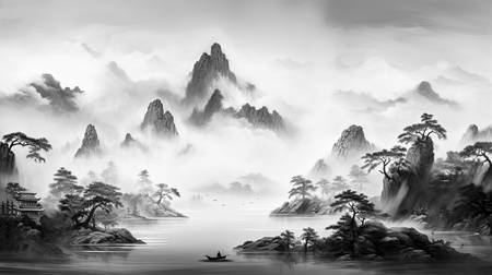 Fischerboot auf einem Bergsee. Berglandschaft in Asien in Schwarz und weiss