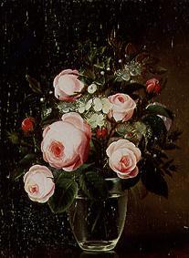 Pink roses in a vase - Monogrammist M.L. en reproducción impresa o copia al  óleo sobre lienzo.