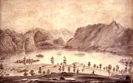 Panoramic View of Derwentwater and the Vale of Keswick, detail of the western side of Derwent Water de Moses Griffith