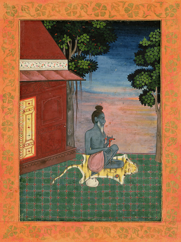 Aged ascetic seated on a tiger skin outside a building, from the Large Clive Album de Mughal School