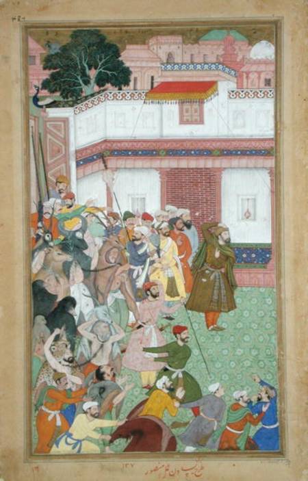 Fatepur Sikiri, 1573: Hasain Quli Khan-l Jahan presenting his prisoners to Emperor Akbar (r.1556-160 de Mughal School