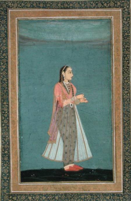 Lady holding a wine flask and cup, from the Large Clive Album  on de Mughal School