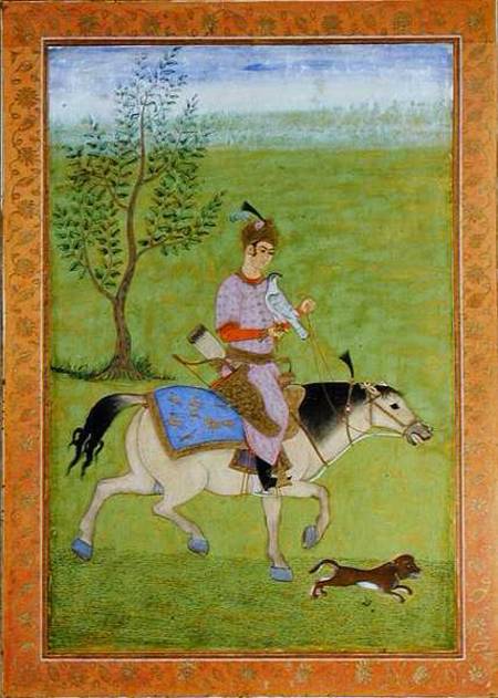 A prince hawking on horseback, from the Large Clive Album  on de Mughal School