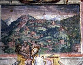 Bedroom, detail of frieze depicting towns under Medici rule, Fiesole