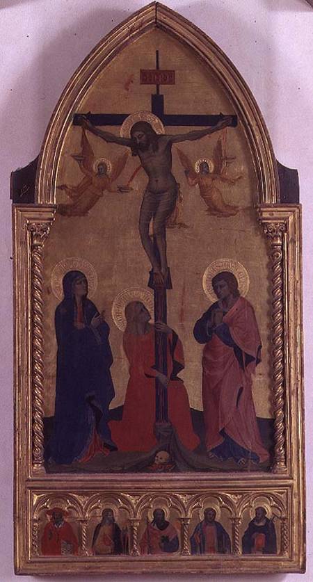 The Crucifixion with mourners and St. Mary Magdalene, the predella panel depicting SS. Jerome, Paul, de Nardo di Cione Orcagna