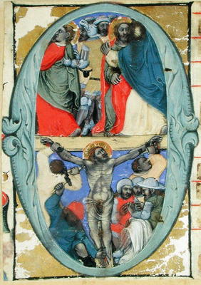 Historiated initial 'O' depicting the Kiss of Judas and the Crucifixion, c.1370 (vellum) de Niccolo di Giacomo