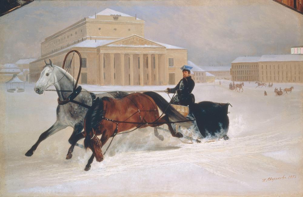 Sleigh ride in front of the Bolshoi Theatre in Moscow de Nikolai Jegorjewitsch Swertschkow