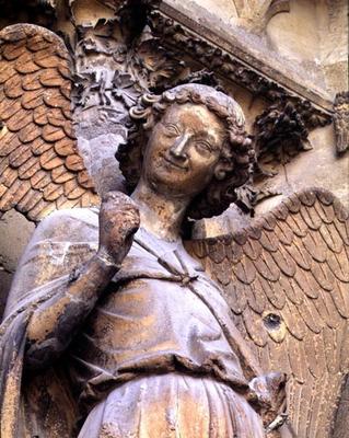 Detail of one of St. Nicaise's angels, sculpture from exterior west facade, 14th century (stone) (se de 