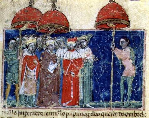 Codex Correr I 383 Pope Alexander III (1105-81) presents the parasol to Doge Sebastiano Ziani, Venet de 
