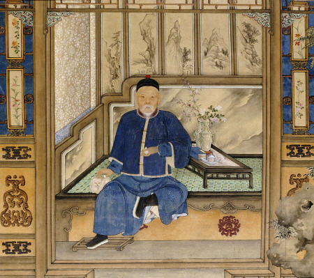 A Bearded Old Gentleman Wearing Blue Winter Clothes, Seated On A Day Bed Holding A Snuff Bottle And de 