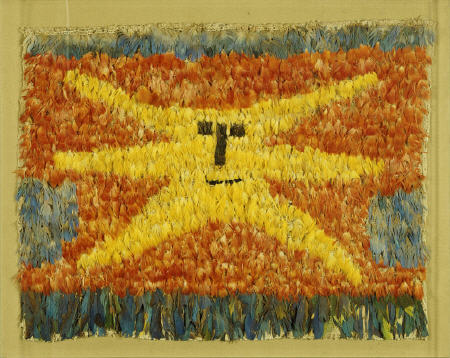 A Huari Feathered Panel Sewn All Over With Feathers On A Cotton Ground With A Yellow Sunburst Face W de 