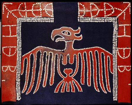 A Kwakiutl Button Blanket,  Bordered With Red At The Sides, Dark Blue Central Field And Depicting A de 