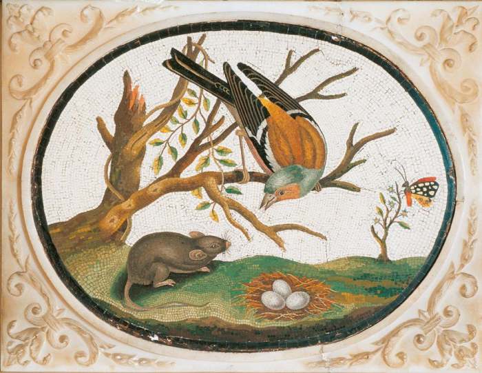 An oval-shaped medallion with a mosaic representing a bird on the branch of a tree, a mouse, a meado de 