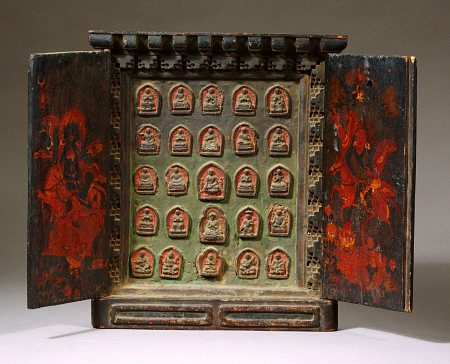 A Tibetan Wooden Altar, With Both Doors Painted With Shri Devi On Her Mule And Another Horse Riding de 
