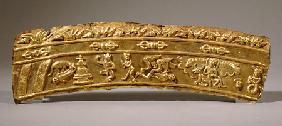 A Tibetan Gilt-Copper Repousse Fragment Of A Mandala Depicting A Cremation Ground With Figures Devou