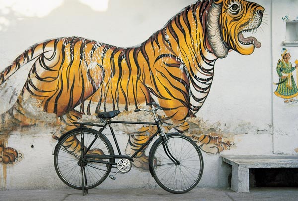 Bicycle at wall painting of tiger , Udaipur, Rajasthan, India (photo)  de 