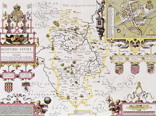 Bedfordshire and the situation of Bedford, engraved by Jodocus Hondius (1563-1612) from John Speed's de 