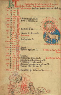 December and January: the sun and a goat with below two cats and a man warming his feet and drying s de 