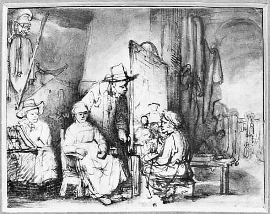 Interior of a studio with a painter painting the portrait of a couple (pen, ink, bistre & wash on pa de 