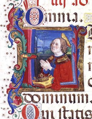 Ms 542 f.60r Historiated initial 'U' depicting King David praying from a psalter written by Don Appi de 