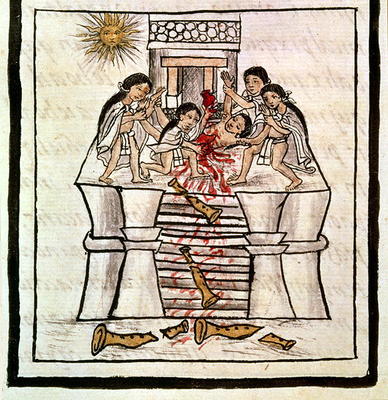 Ms Laur. Med. Palat. 218 f.84v Human sacrifice at the temple of Tezcatlipoca from a history of the A de 