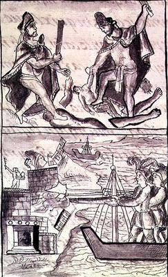 Ms Laur. Med. Palat. 220 f.471 (TtoB) Quauhtenco and Mayenatzin punishing traitors; the Spanish flee de 