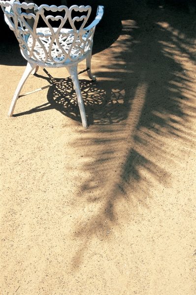 Shadow of coconut leaf straight below wrought-iron chair (photo)  de 
