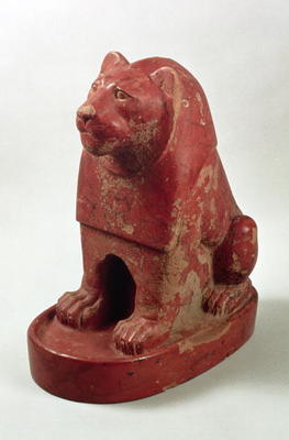 Statuette of a Lion seated on a plinth, from the temple precinct at Hierakonpolis, Egyptian, late Pr de 