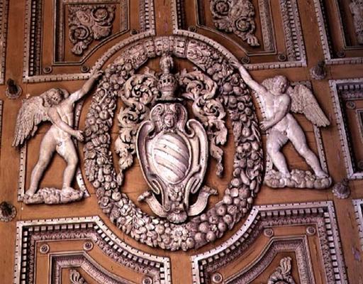 The 'Galleria', detail of stucco ceiling decorated with the coat of arms of the Sacchetti marquises, de 