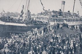 Volunteer Canadian troops embarking at Victoria, British Columbia, Canada (b/w photo) 