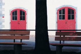 Wooden bench crossed brown door, Brig (photo) 