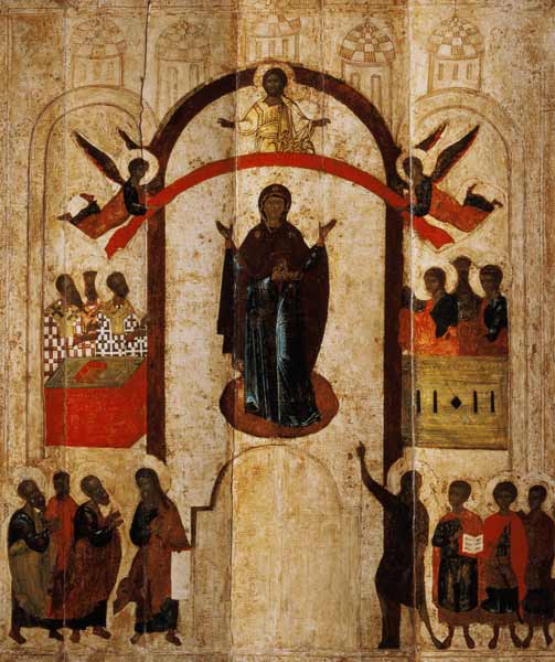 The Protection of the Theotokos (Mother of God) Russian icon from the Zverin Monastery de Novgorod School