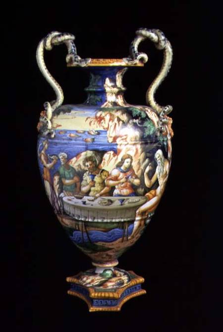 Maiolica urn with two handles in the shape of serpents, the body decorated with an al fresco banquet de Orazio Fontana of Urbino