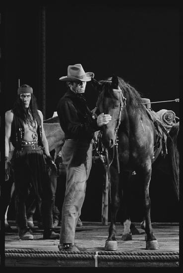 Gregory Peck with horse on the set of Mackennas Gold