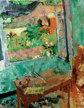 Studio with window view on house and bridge, Levanto