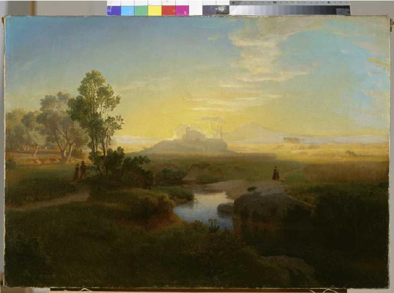 Abendliche Landschaft mit einem im Gegenlicht liegenden Felsmassiv de Oswald Achenbach