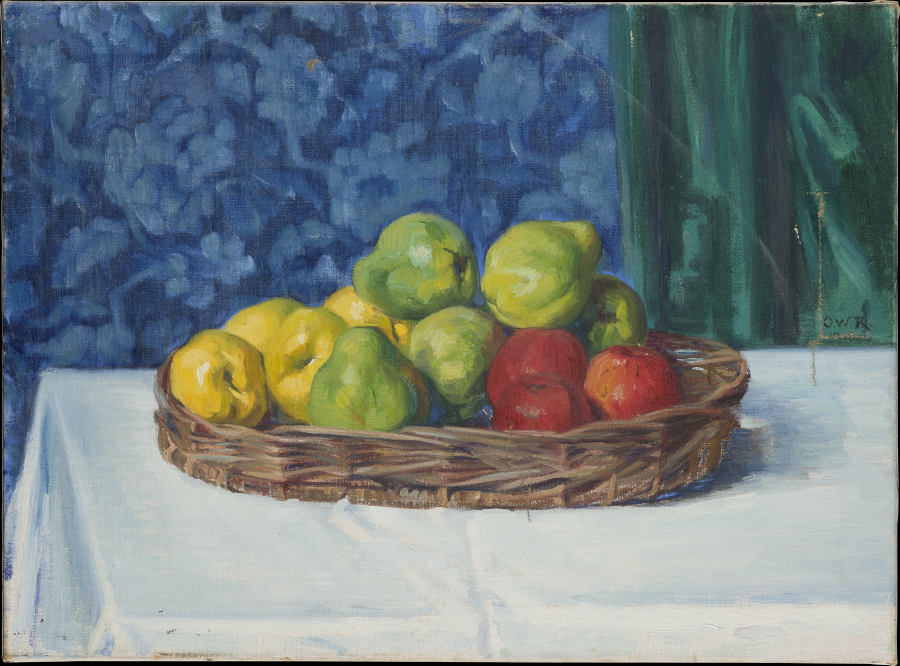 Still Life: Basket with Fruit on a Table in front of a Curtain and Wallpaper de Ottilie Roederstein