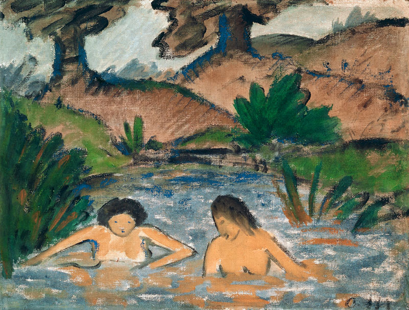 Two girls taking a bath de Otto Mueller