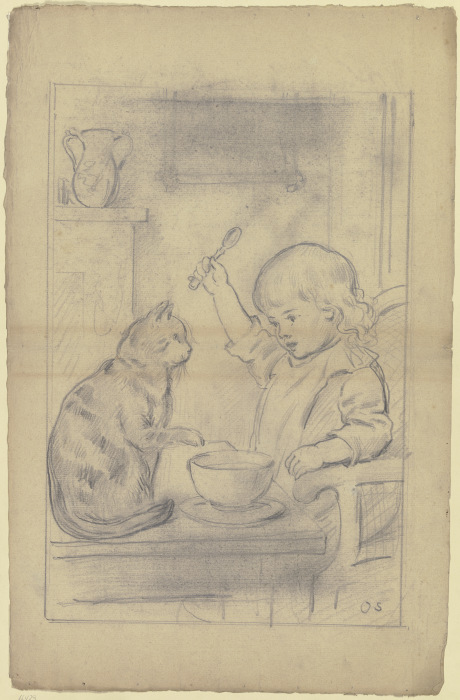 Kind am Esstisch mit Katze de Otto Scholderer