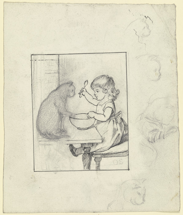 Kind am Esstisch mit Katze, rechts vier Skizzen eines Katzenkopfes im Profil de Otto Scholderer