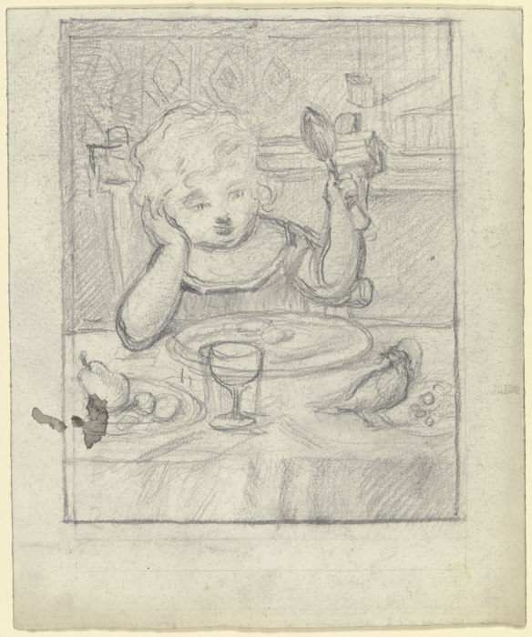 Kind am Tische mit Löffel und Vogel de Otto Scholderer
