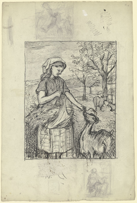 Stehendes Mädchen, eine Ziege fütternd de Otto Scholderer