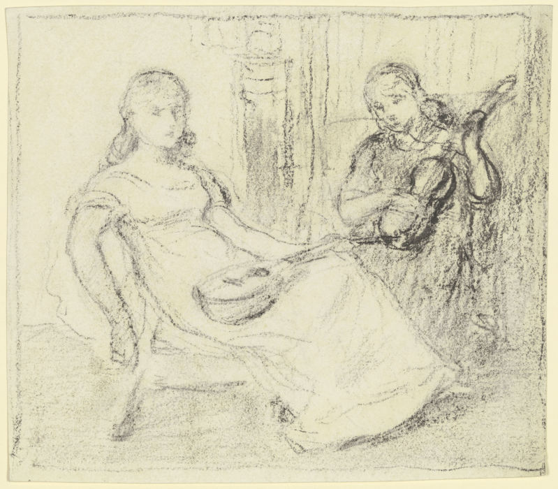 Zwei Mädchen mit Streich- und Zupfinstrumenten de Otto Scholderer