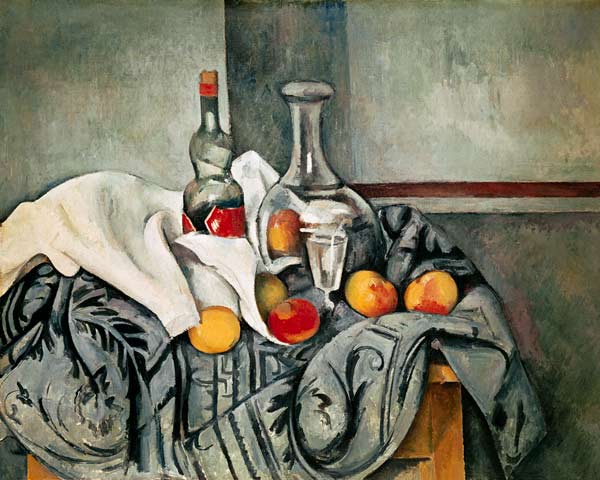 Naturaleza muerta con duraznos y botellas - Paul Cézanne en reproducción  impresa o copia al óleo sobre lienzo.