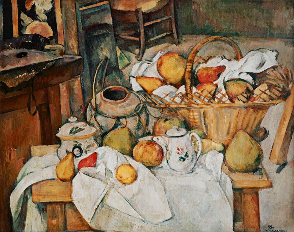Naturaleza muerta con canasta de frutas. - Paul Cézanne en reproducción  impresa o copia al óleo sobre lienzo.