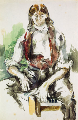 Muchacho con chaleco rojo- Paul Cézanne en reproducción impresa o copia al  óleo sobre lienzo.