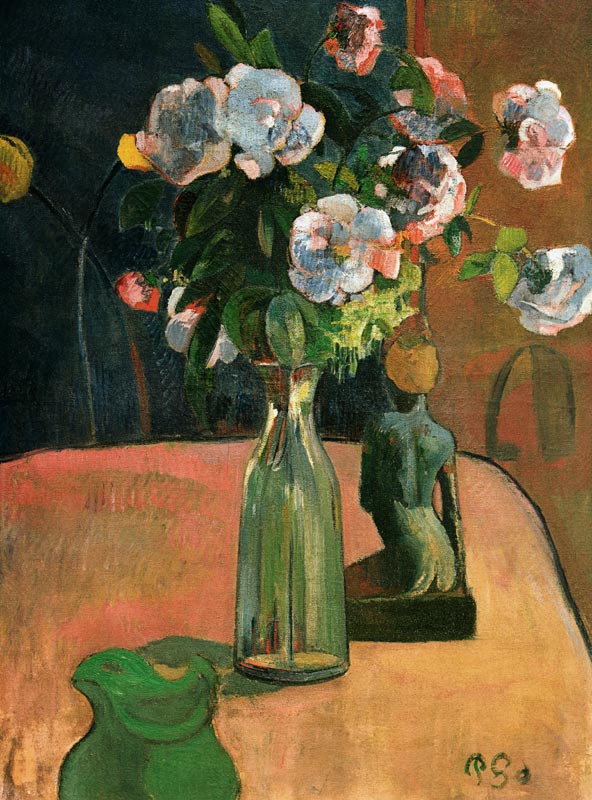 Roses and little statue de Paul Gauguin